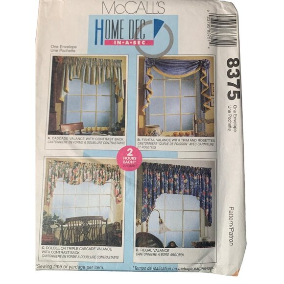 McCall's Home Dec In A Sec Pattern 8375 Window Valance Designs uncut - Picture 1 of 2